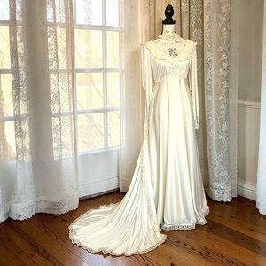 Vintage 70s Handmade Victorian Lace Empire Waist Accordion Train Wedding Gown
